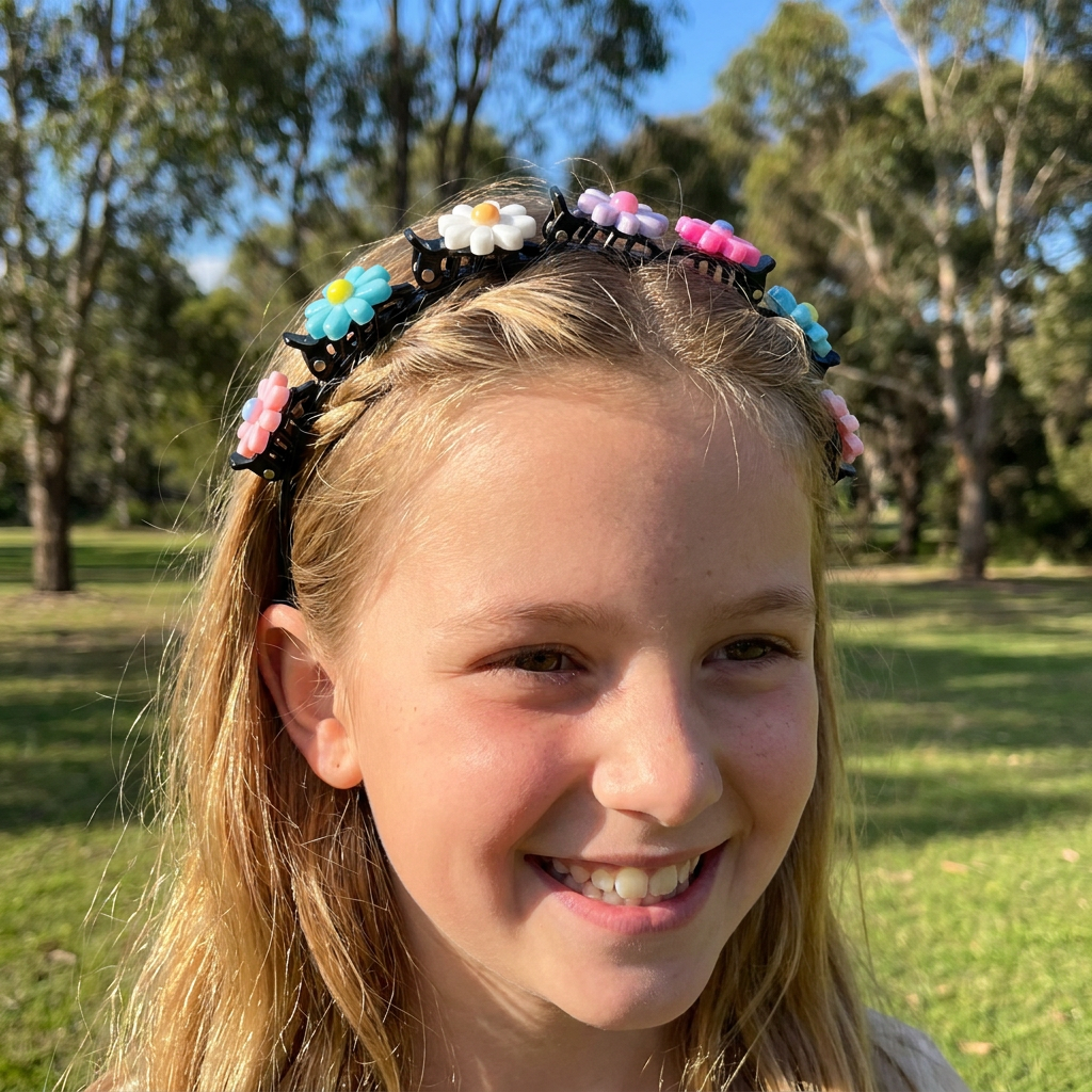 Cute Hair Clips & Bands for Girls with Flower, Strawberry & Rainbow Charms