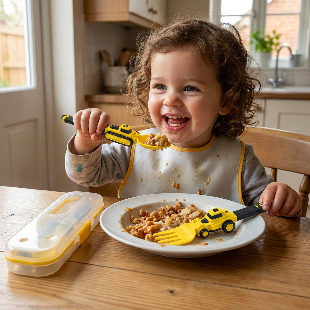 3-Piece Construction Vehicle Kids’ Utensil Set with Spoon, Fork & Travel Case