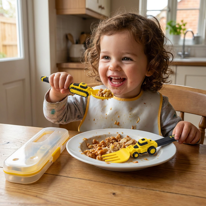 3-Piece Construction Vehicle Kids’ Utensil Set with Spoon, Fork & Travel Case