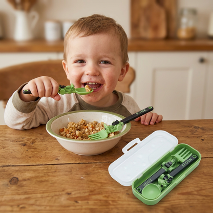 3-Piece Construction Vehicle Kids’ Utensil Set with Spoon, Fork & Travel Case