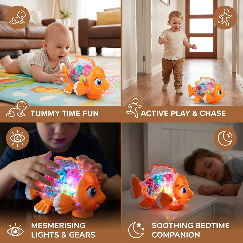 Light-Up Gear Fish Toy for Kids – Transparent Moving Gears with Music & Motion