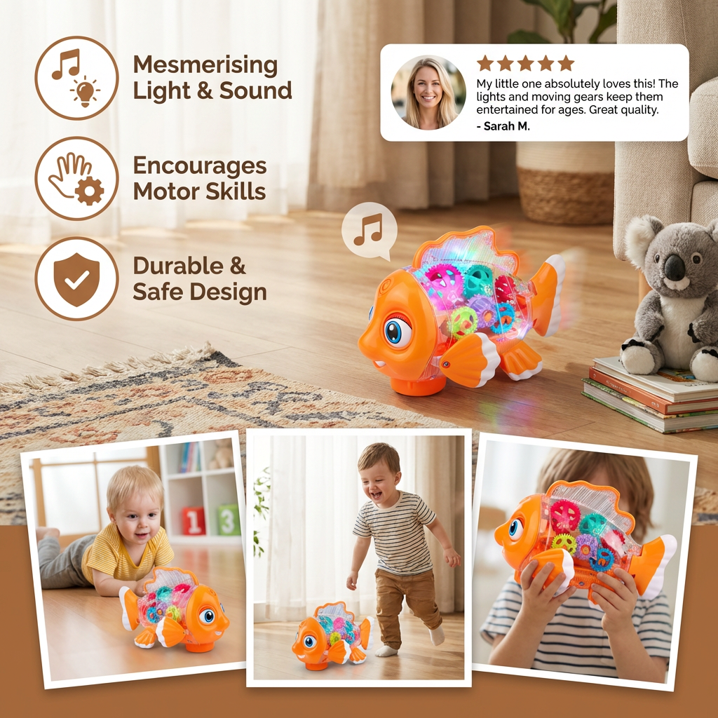 Light-Up Gear Fish Toy for Kids – Transparent Moving Gears with Music & Motion