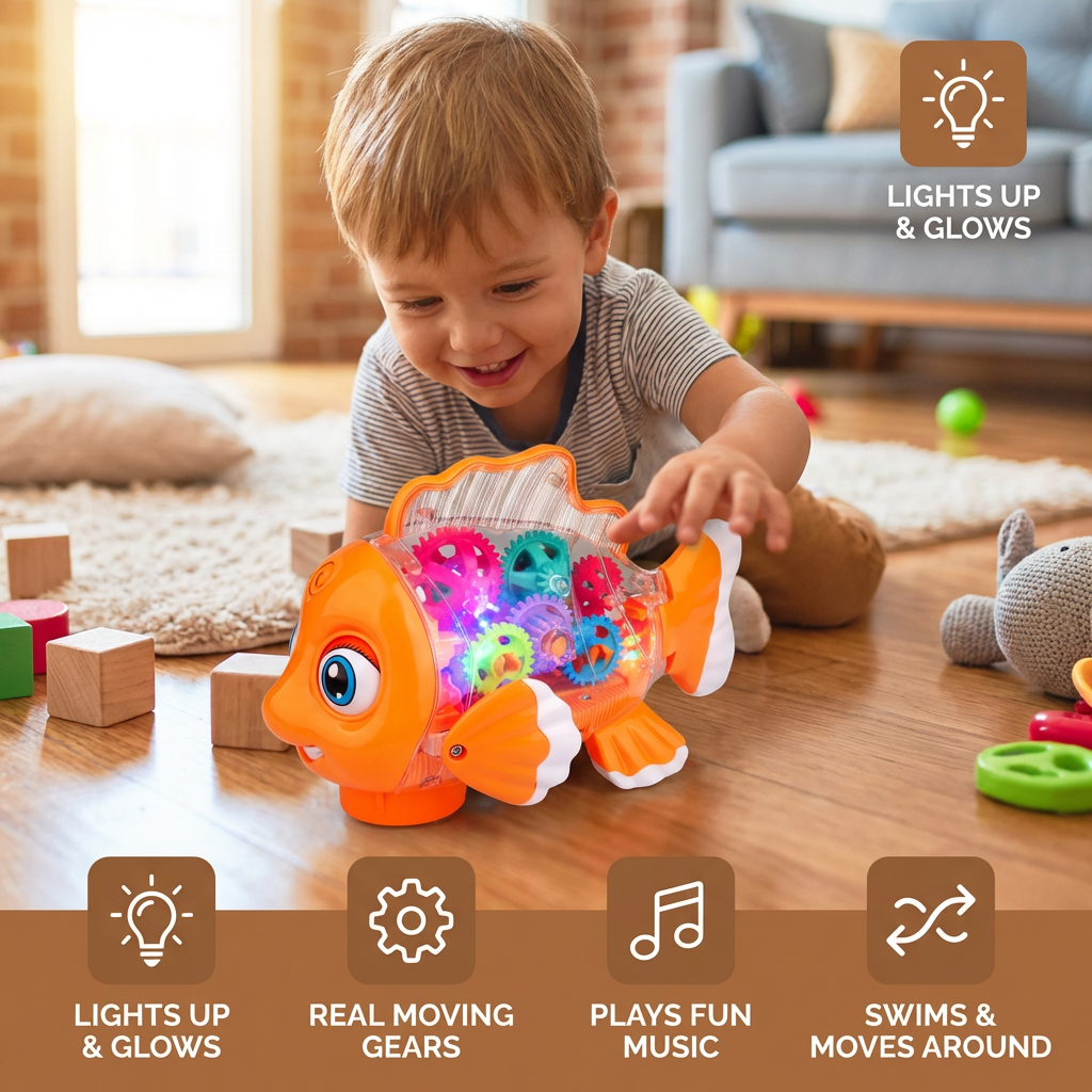 Light-Up Gear Fish Toy for Kids – Transparent Moving Gears with Music & Motion