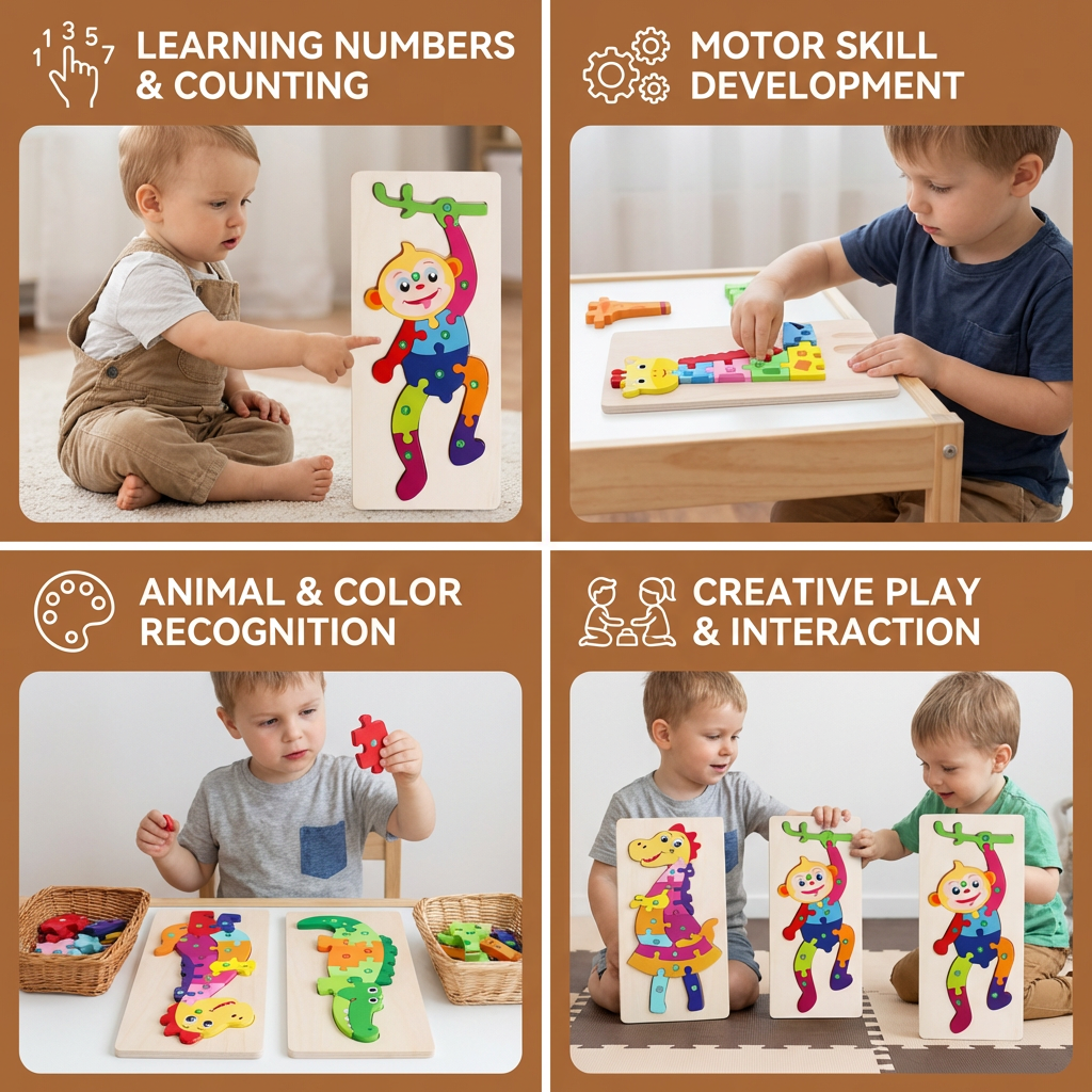 Wooden Puzzle Set for Kids – Number & Animal Learning Jigsaw Toy