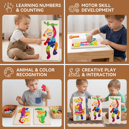 Wooden Puzzle Set for Kids – Number & Animal Learning Jigsaw Toy