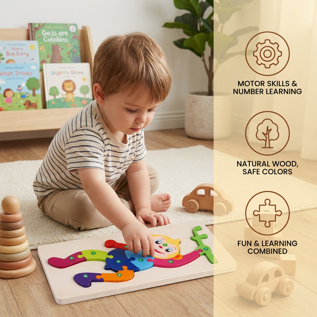 Wooden Puzzle Set for Kids – Number & Animal Learning Jigsaw Toy