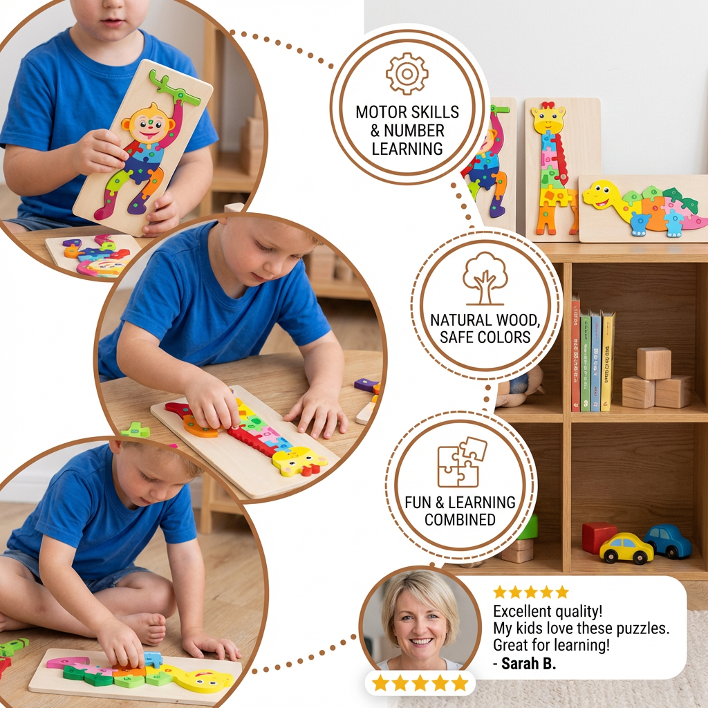 Wooden Puzzle Set for Kids – Number & Animal Learning Jigsaw Toy