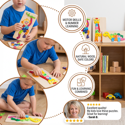 Wooden Puzzle Set for Kids – Number & Animal Learning Jigsaw Toy