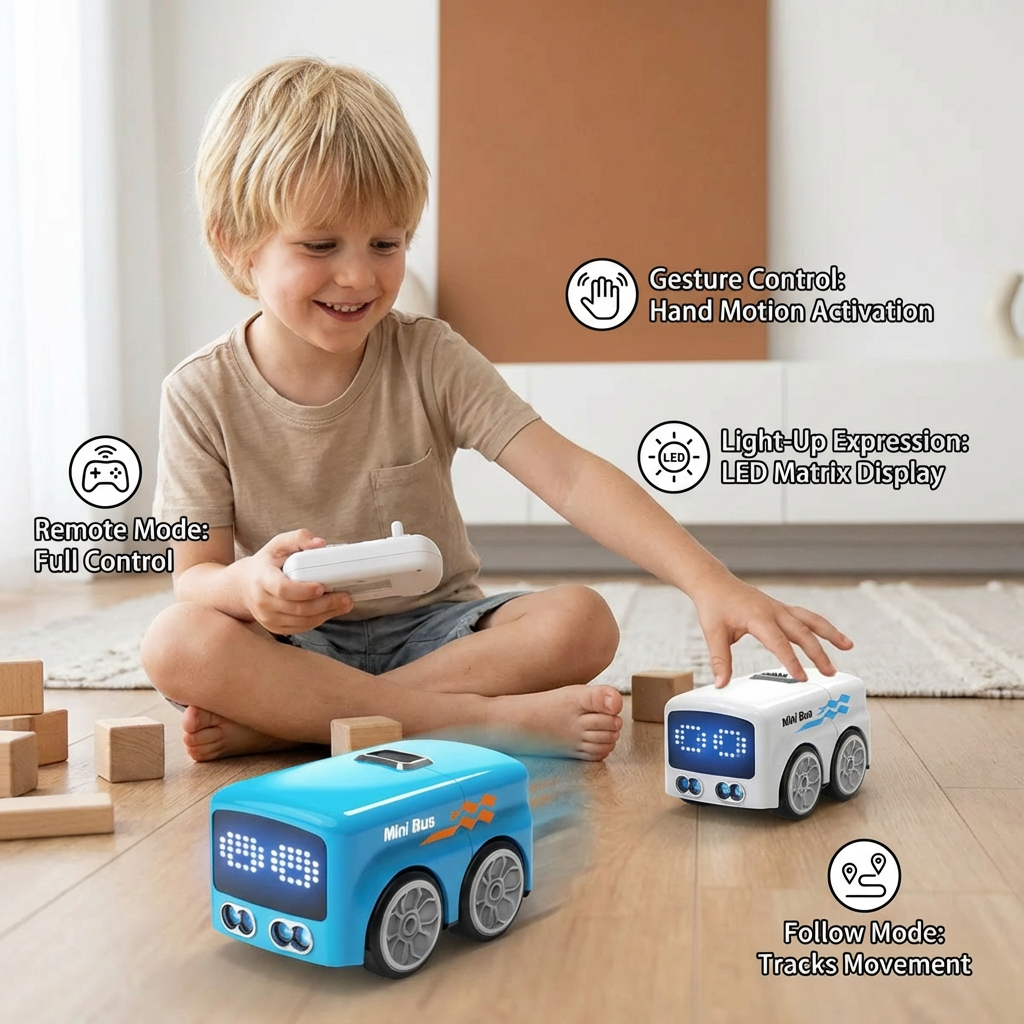 Smart RC Mini Bus Toy – Gesture Control Light-Up Cartoon Car for Kids