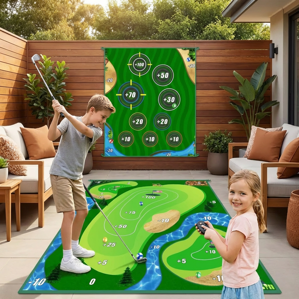 2in1 Golf Training & Play Set – Indoor & Outdoor Swing Mat with Target Wall & Club