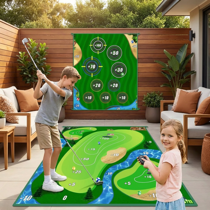 2in1 Golf Training & Play Set – Indoor & Outdoor Swing Mat with Target Wall & Club