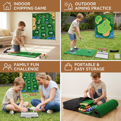2in1 Golf Training & Play Set – Indoor & Outdoor Swing Mat with Target Wall & Club