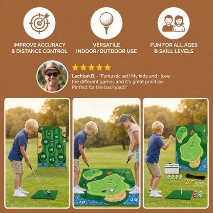 2in1 Golf Training & Play Set – Indoor & Outdoor Swing Mat with Target Wall & Club