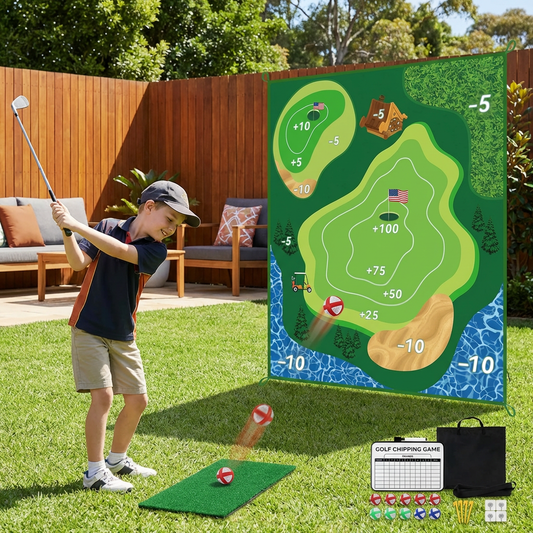 2in1 Golf Training & Play Set – Indoor & Outdoor Swing Mat with Target Wall & Club