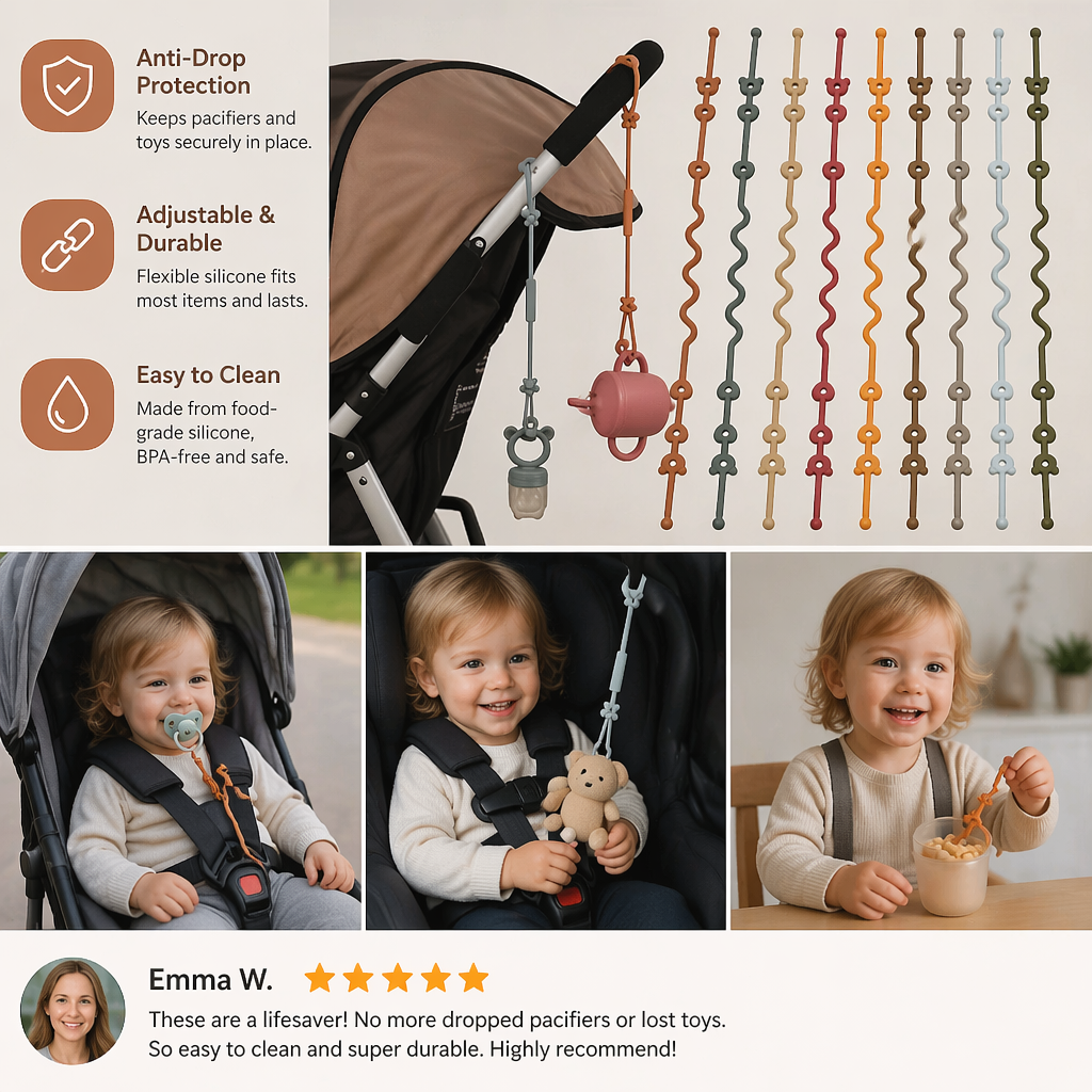 Silicone Baby Clip with Anti-Loss Protection – for Pacifiers & Toys (5 Pieces)