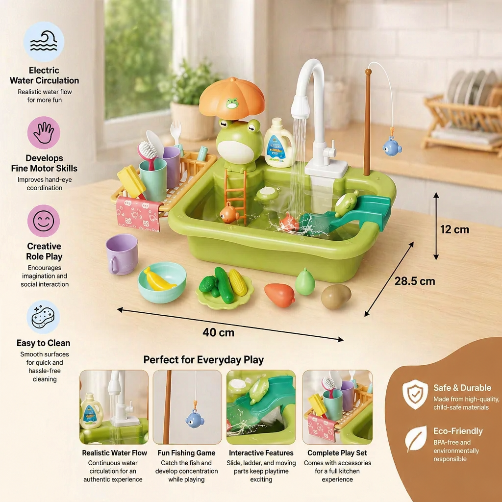 Kids Play Kitchen Sink Set with Running Water & Fishing Game