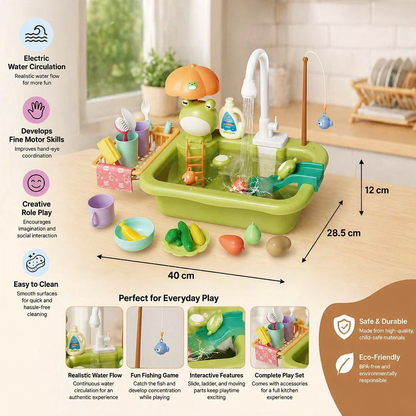 Kids Play Kitchen Sink Set with Running Water & Fishing Game