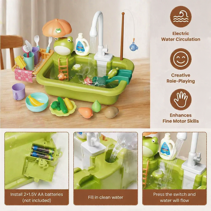 Kids Play Kitchen Sink Set with Running Water & Fishing Game