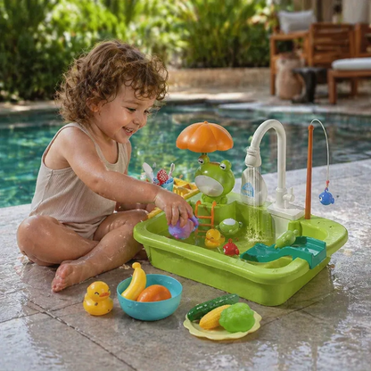 Kids Play Kitchen Sink Set with Running Water & Fishing Game