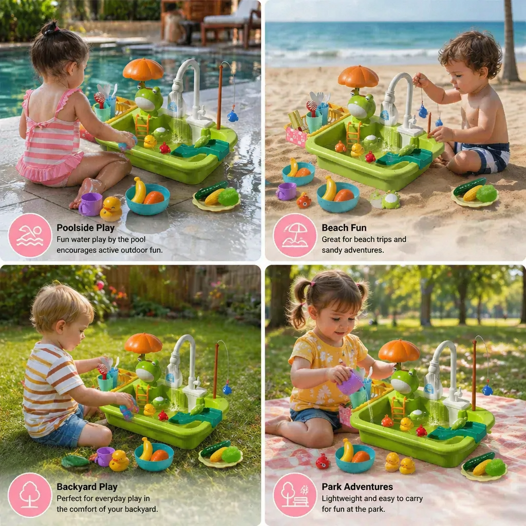 Kids Play Kitchen Sink Set with Running Water & Fishing Game