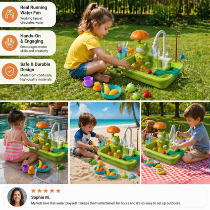Kids Play Kitchen Sink Set with Running Water & Fishing Game