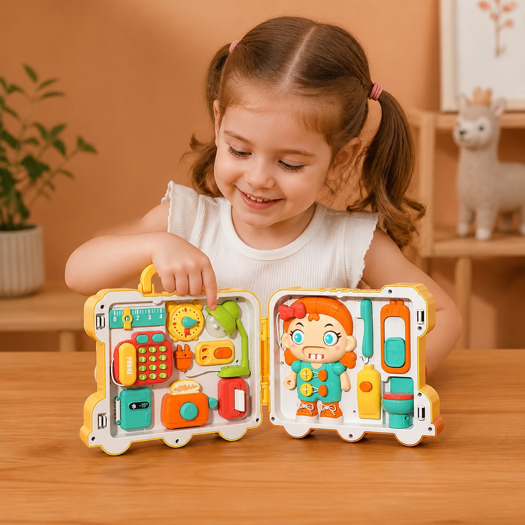 Kids Bus Busy Board Toy with Activities and Doll