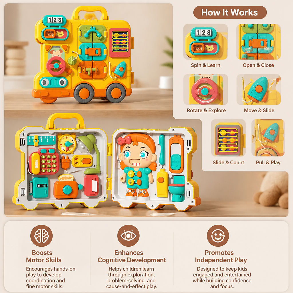 Kids Bus Busy Board Toy with Activities and Doll