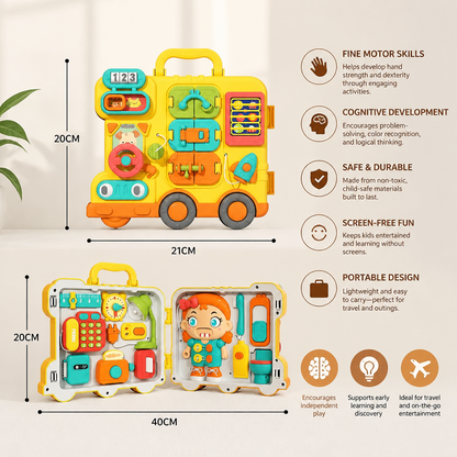 Kids Bus Busy Board Toy with Activities and Doll