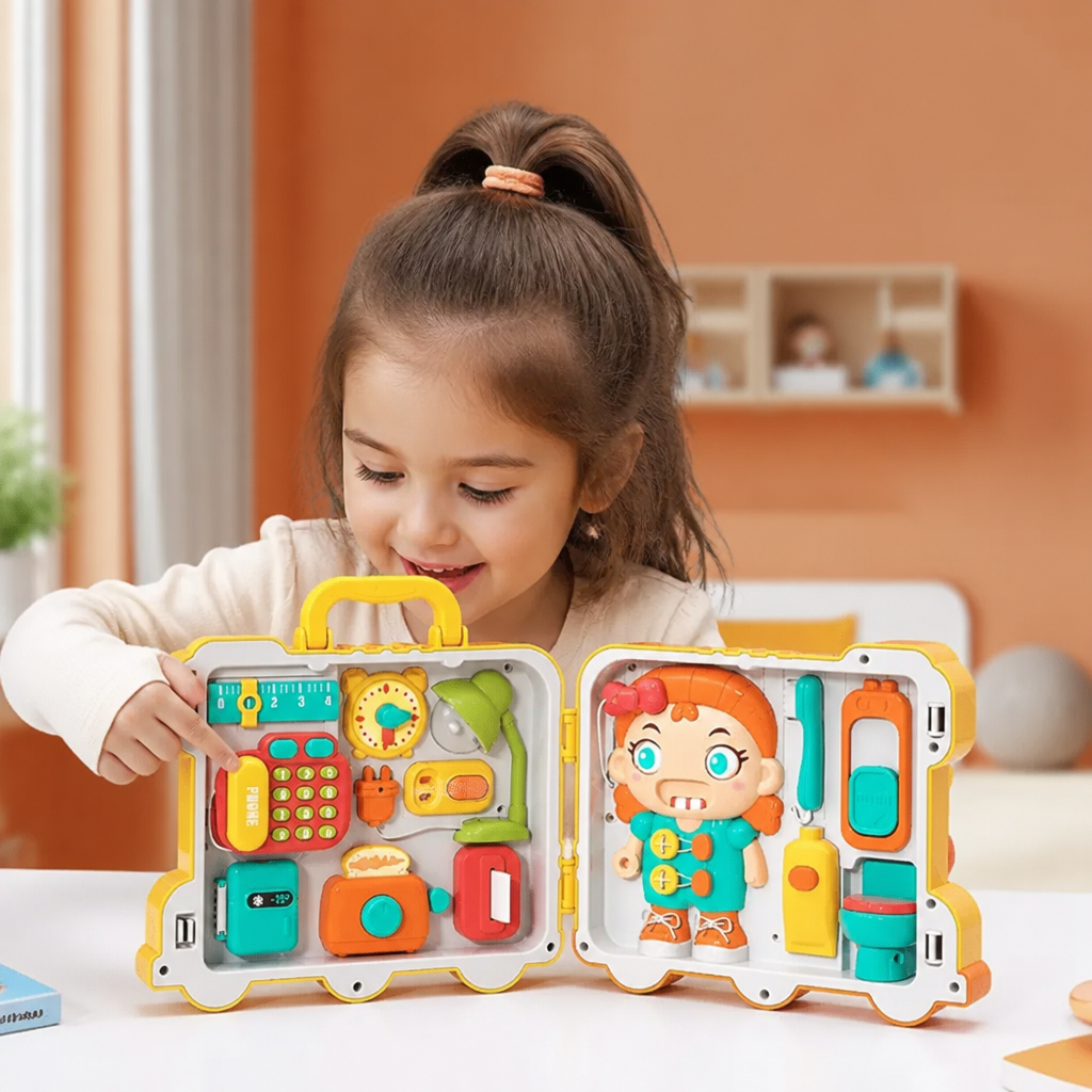 Kids Bus Busy Board Toy with Activities and Doll