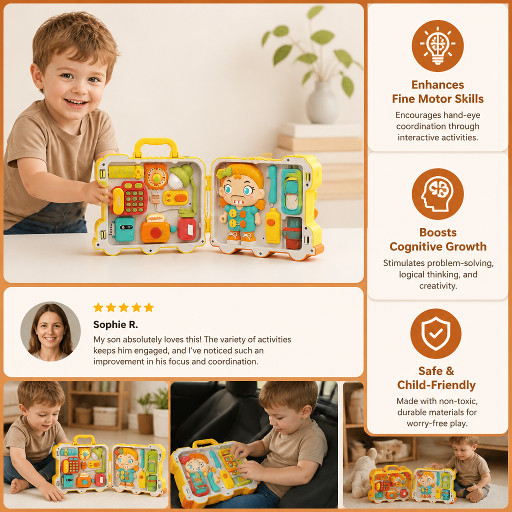 Kids Bus Busy Board Toy with Activities and Doll