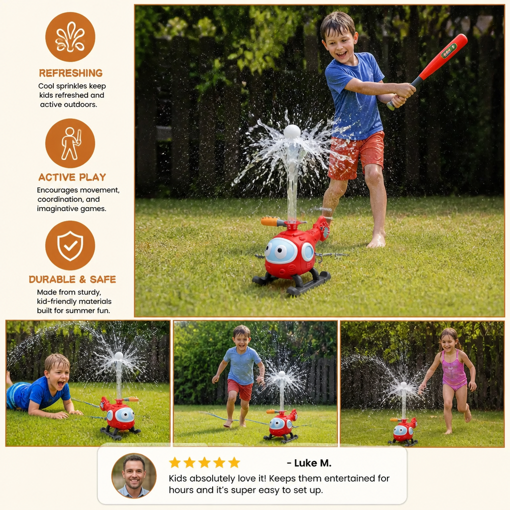 Kids Baseball Helicopter Water Sprinkler for Outdoor Summer Fun