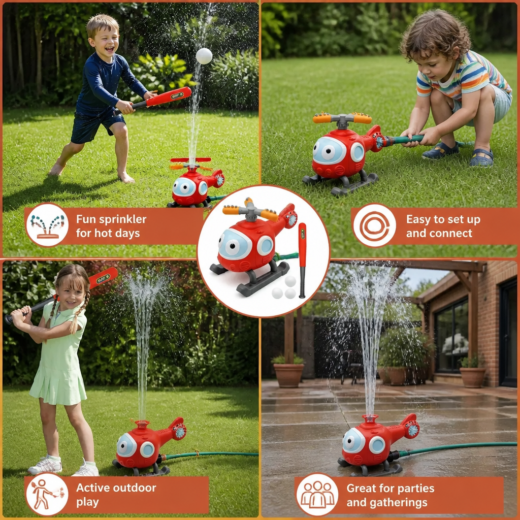 Kids Baseball Helicopter Water Sprinkler for Outdoor Summer Fun