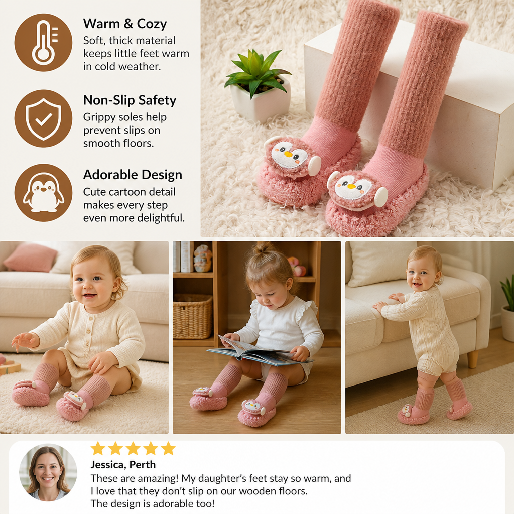 Warm Baby Non-Slip Socks – Lined Knee-High Socks with Cute Design for Babies & Toddlers