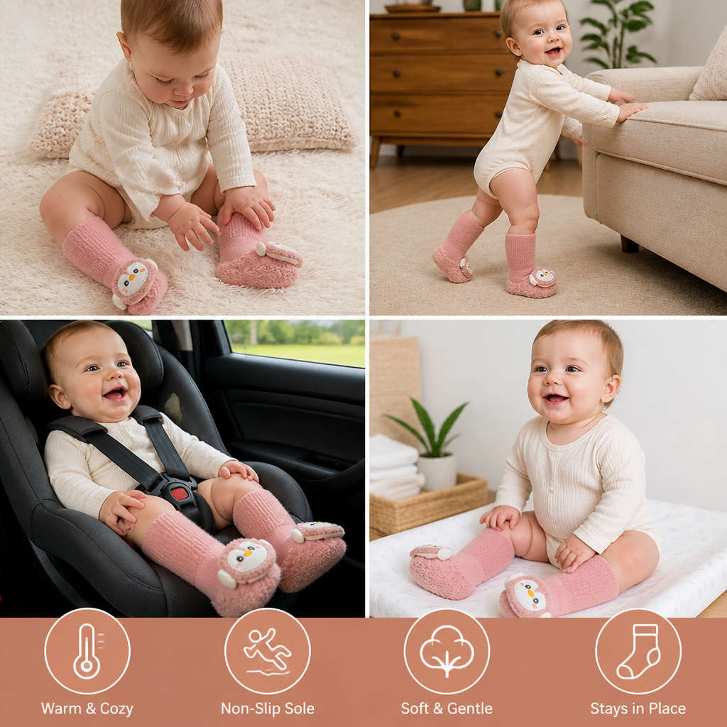 Warm Baby Non-Slip Socks – Lined Knee-High Socks with Cute Design for Babies & Toddlers
