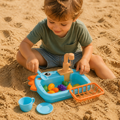 Kids Pretend Play Sink Toy with Running Tap and Dino Design