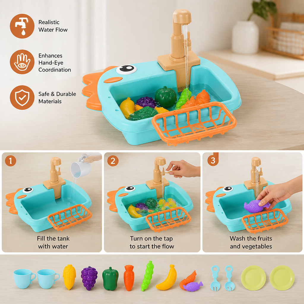Kids Pretend Play Sink Toy with Running Tap and Dino Design