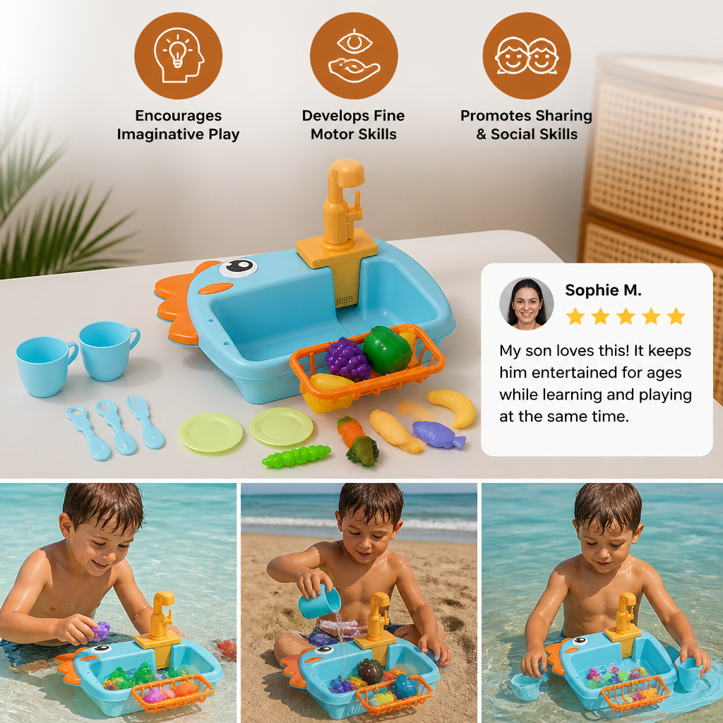 Kids Pretend Play Sink Toy with Running Tap and Dino Design