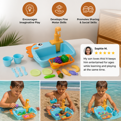 Kids Pretend Play Sink Toy with Running Tap and Dino Design