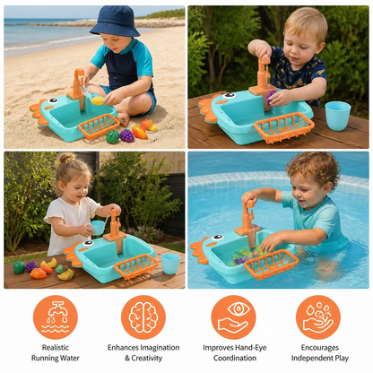 Kids Pretend Play Sink Toy with Running Tap and Dino Design