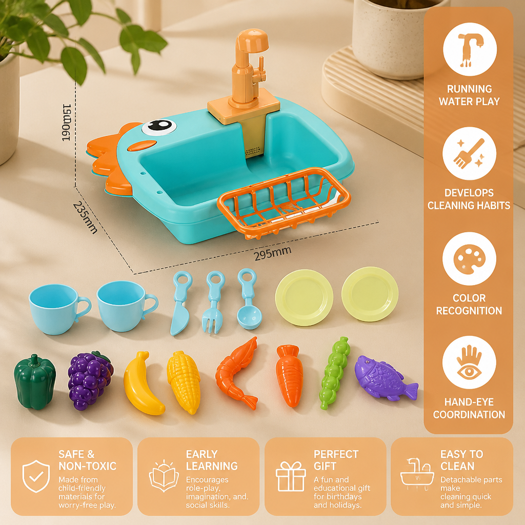 Kids Pretend Play Sink Toy with Running Tap and Dino Design