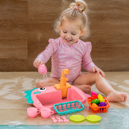 Kids Pretend Play Sink Toy with Running Tap and Dino Design