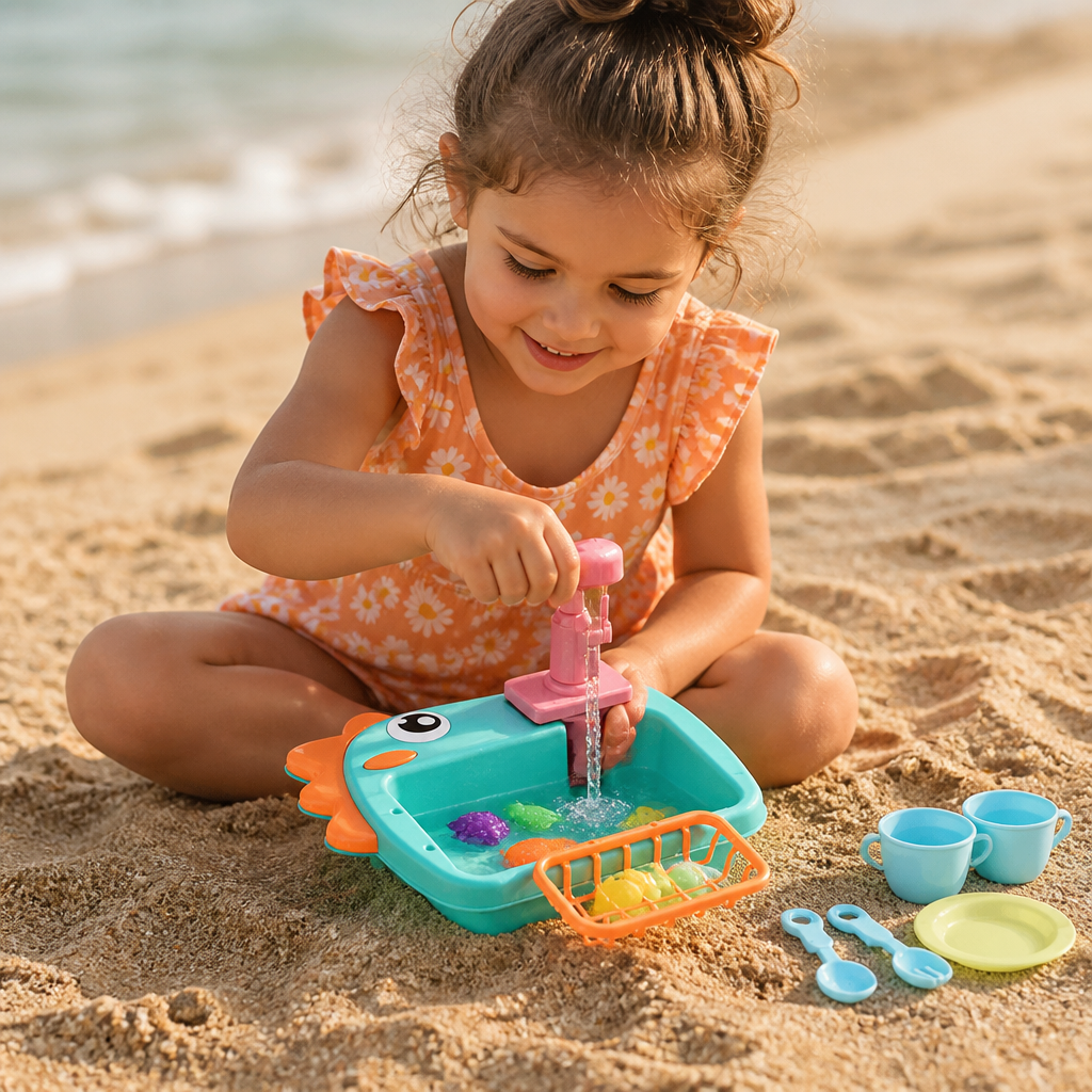 Kids Pretend Play Sink Toy with Running Tap and Dino Design
