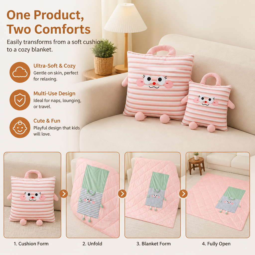 2-in-1 Cushion and Blanket with Cute Design
