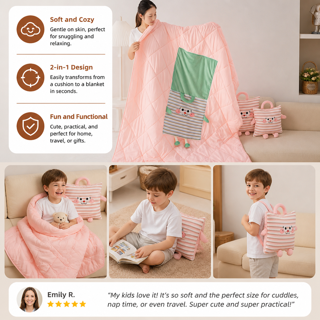 2-in-1 Cushion and Blanket with Cute Design
