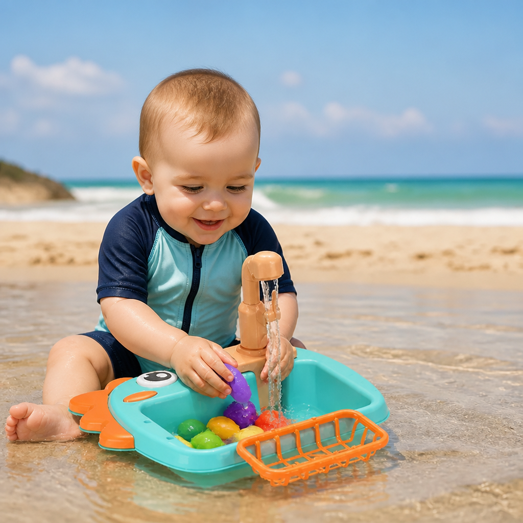 Kids Pretend Play Sink Toy with Running Tap and Dino Design