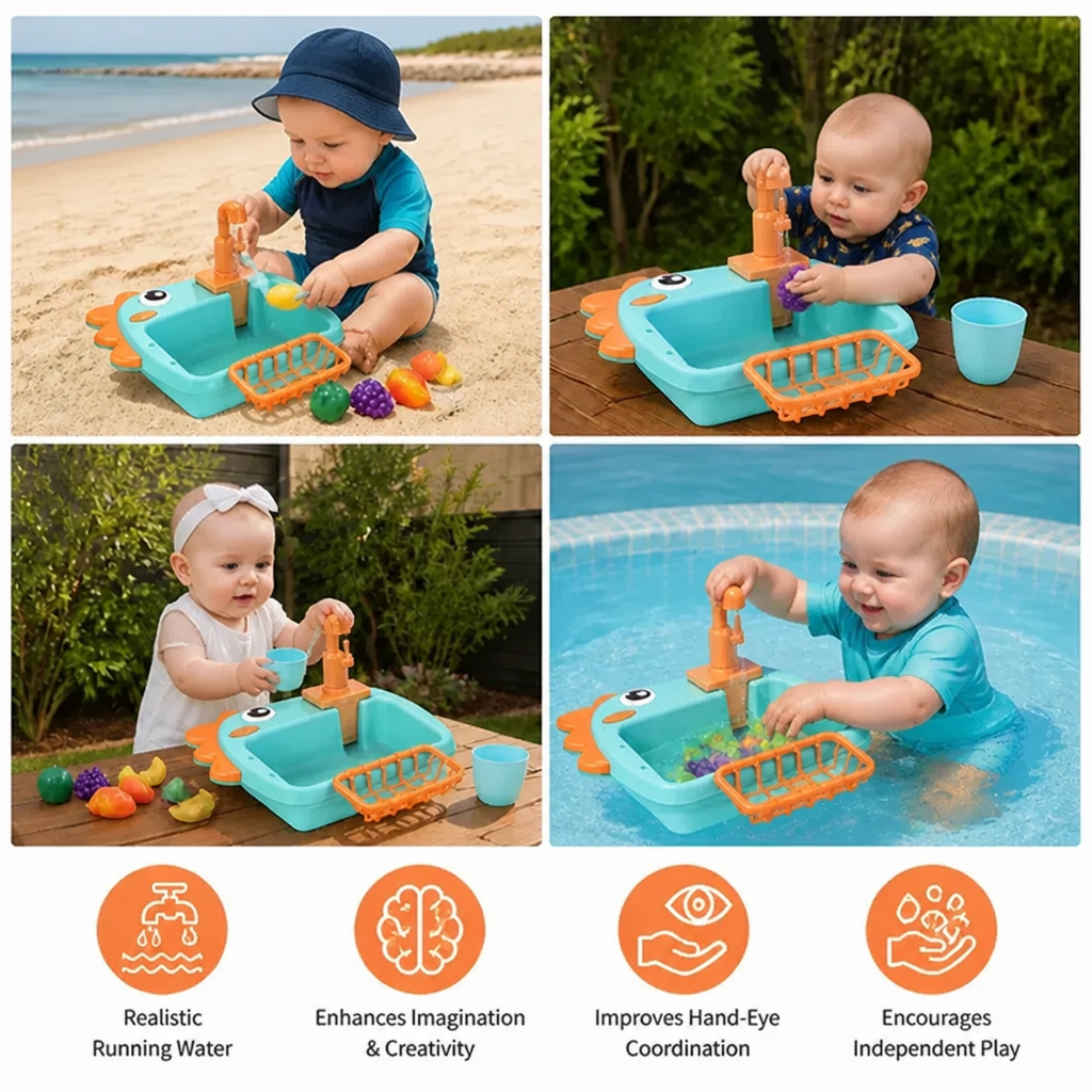 Kids Pretend Play Sink Toy with Running Tap and Dino Design