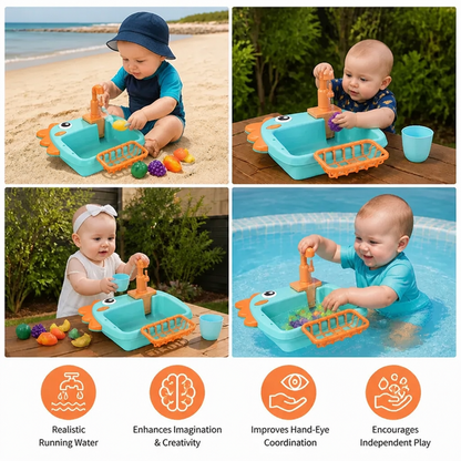 Kids Pretend Play Sink Toy with Running Tap and Dino Design