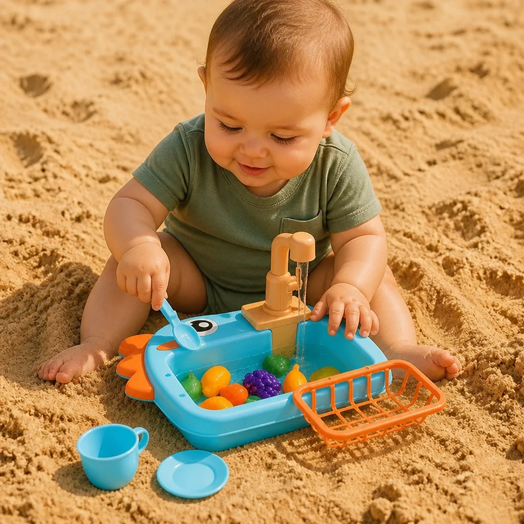 Kids Pretend Play Sink Toy with Running Tap and Dino Design