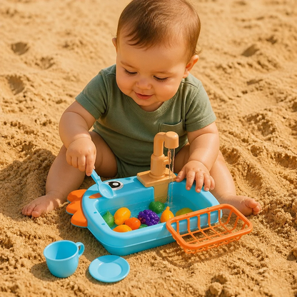 Kids Pretend Play Sink Toy with Running Tap and Dino Design
