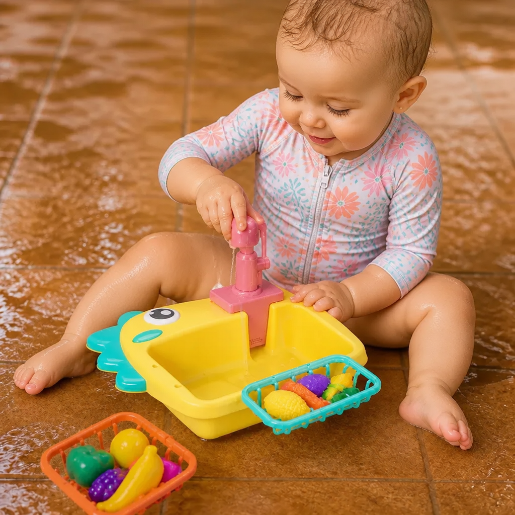Kids Pretend Play Sink Toy with Running Tap and Dino Design